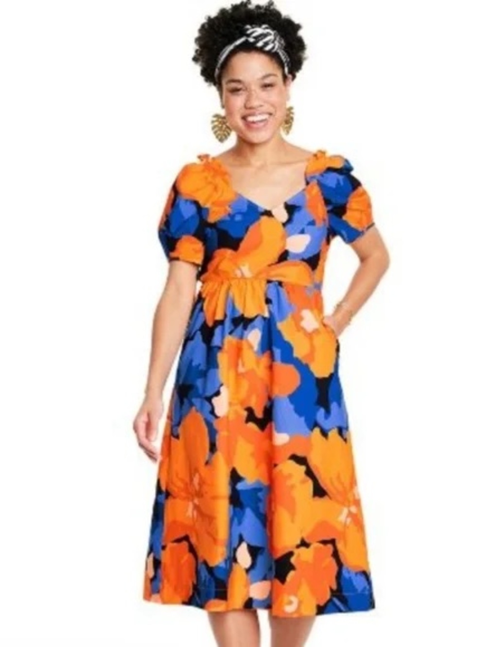 Tabitha Brown NWT Floral Print Puff Sleeve Tie Back Midi Dress Target Sz14